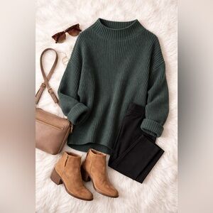 Max Studio Dark Green Waffle Knit Sweater | Relaxed Fit | Size S